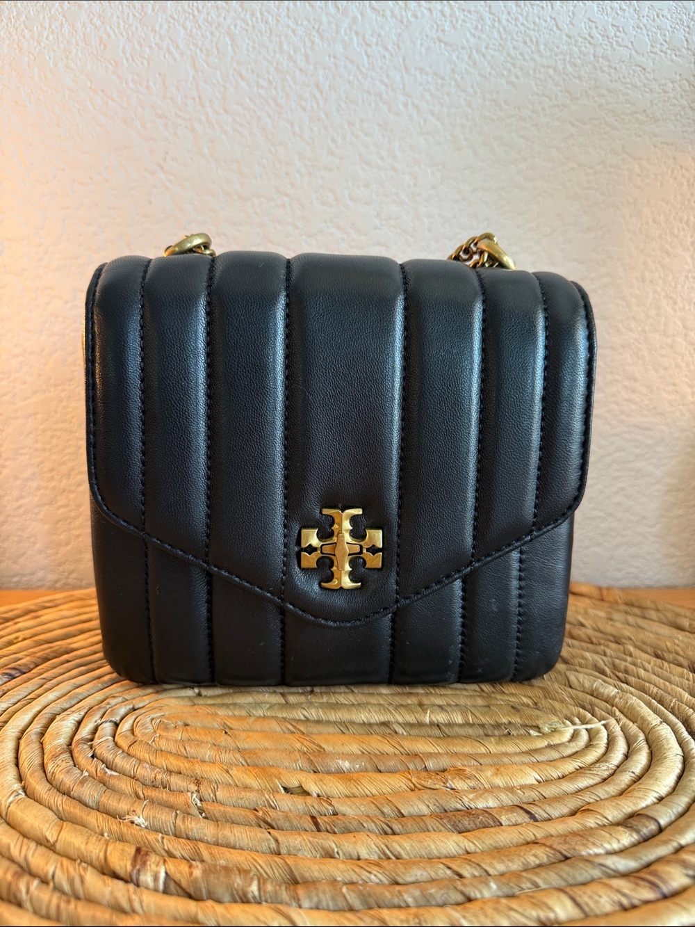 Tory Burch Black Quilted Leather Crossbody with Gold Logo